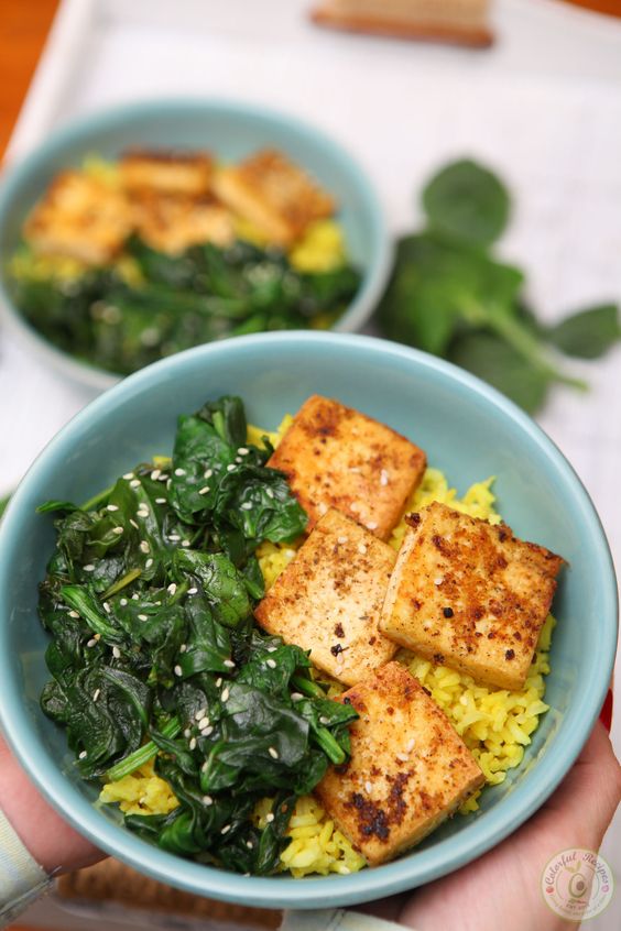 April seasonal vegetables | spinach tofu turmeric rice