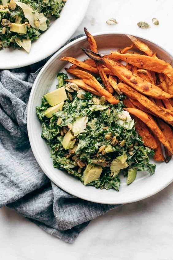 April seasonal vegetables | avocado kale caesar salad sweet potato fries Vitamin K dark greens | Girlfriend is Better