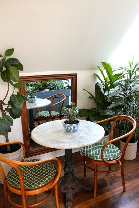 bistro tables | French country horseshoe rattan chairs marble | Girlfriend is Better