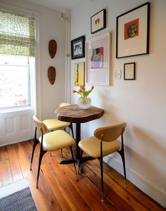 bistro tables | yellow chairs nook corner gallery wall | Girlfriend is Better