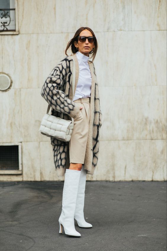 oversized woven purses | light neutrals all white leather boots business casual shorts | Girlfriend is Better