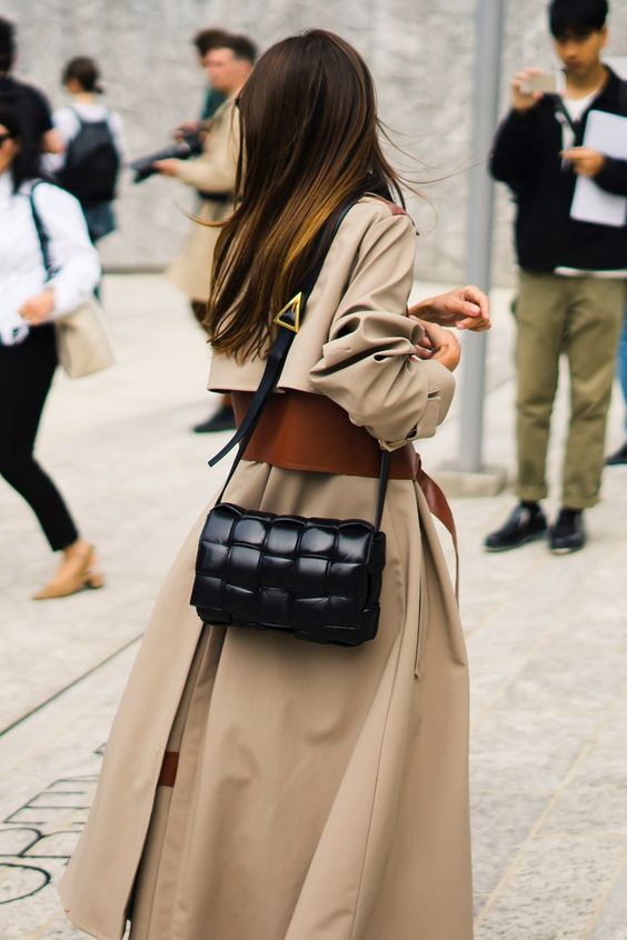 oversized woven purses | square maxi weave padded leather crossbody bag black trench coat | Girlfriend is Better