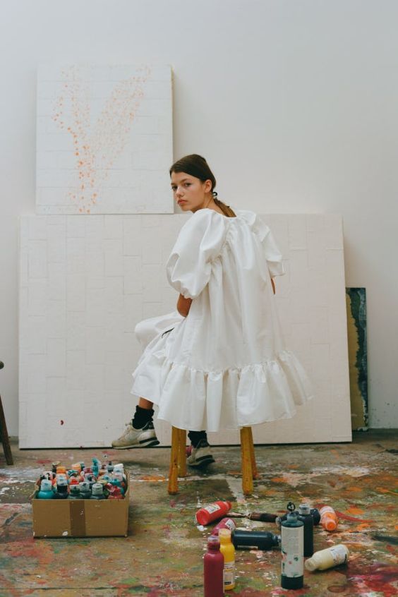 plain white dress | ruffles oversized baby doll balloon sleeves | Girlfriend is Better