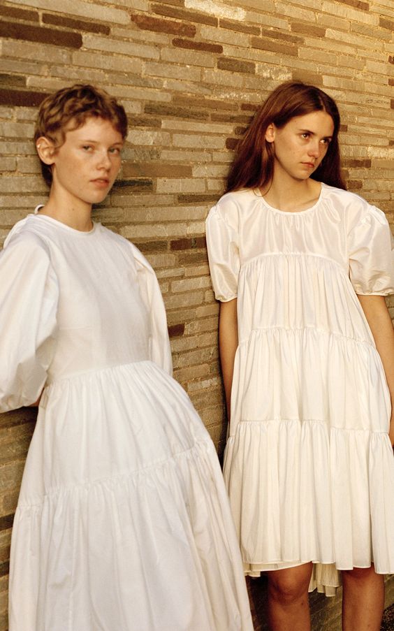 plain white dress | tiered layers ruffles baby doll puff sleeves satin silk | Girlfriend is Better