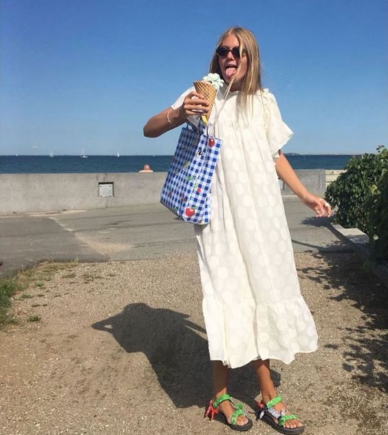 plain white dress | muumuu beach coverup shopping tote neon Teva sandals polka dot | Girlfriend is Better