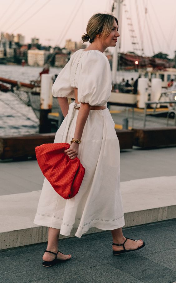 plain white dress | balloon sleeves mid-length oversized clutch | Girlfriend is Better