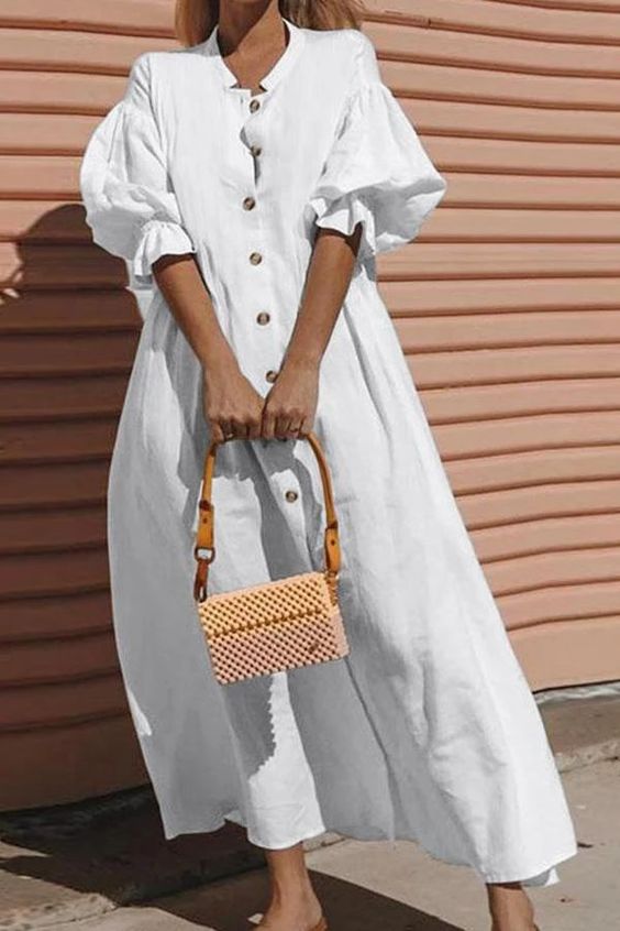 plain white dress | button front neutral top handle purse puff shoulders balloon sleeves | Girlfriend is Better