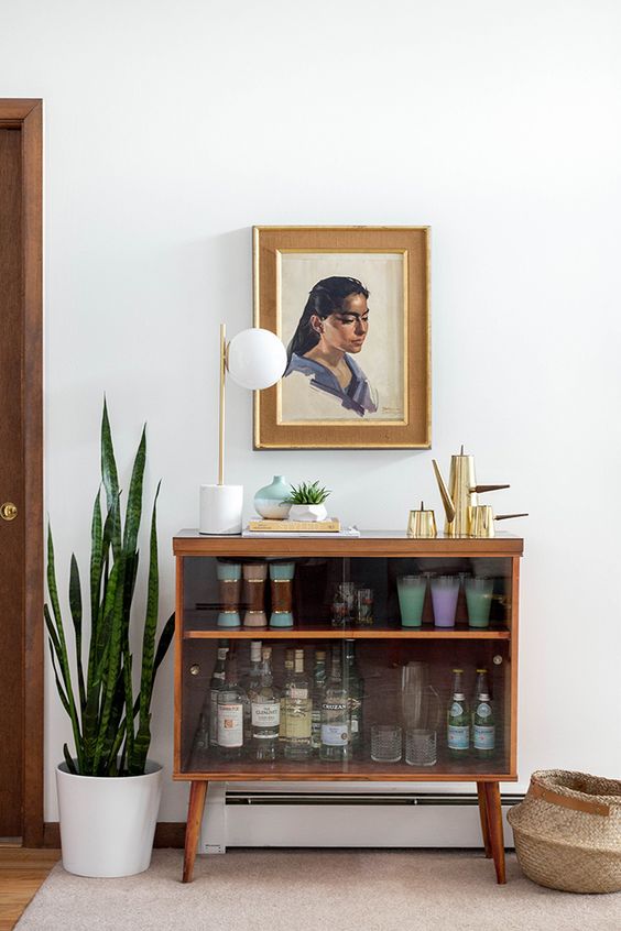 bar cart styling | mid-century modern cabinet portrait random person mixers | Girlfriend is Better