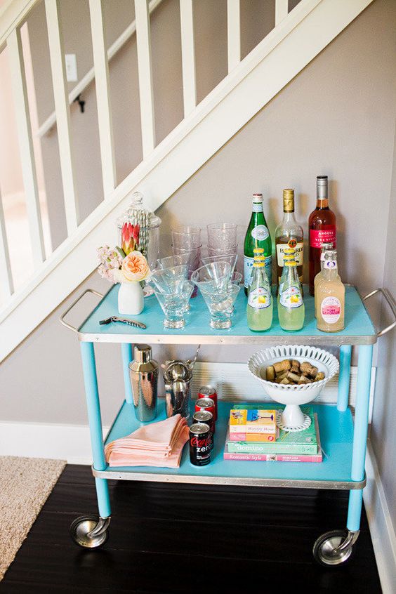 bar cart styling | blue rolling mixer glassware party snacks hostess | Girlfriend is Better