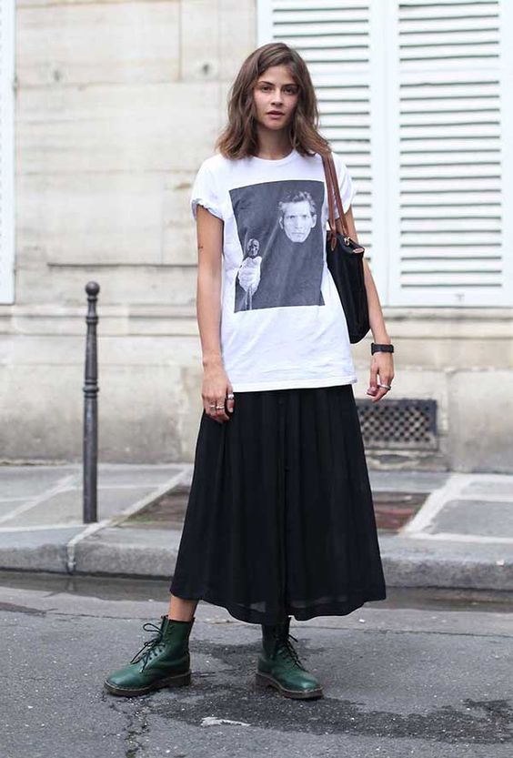 oversized graphic tees | new wave modern grunge green Dr. Martens midi skirt | Girlfriend is Better