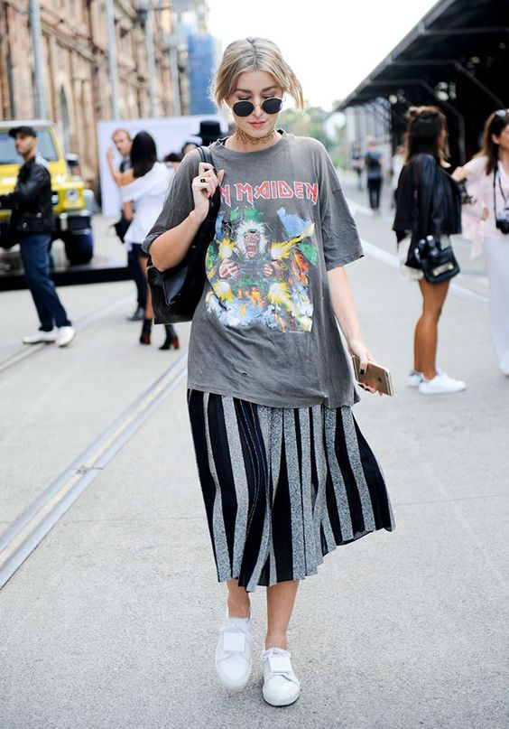 oversized graphic tees | Iron Maiden vintage tee shirt striped pleated mid-length skirt white tennis shoes | Girlfriend is Better