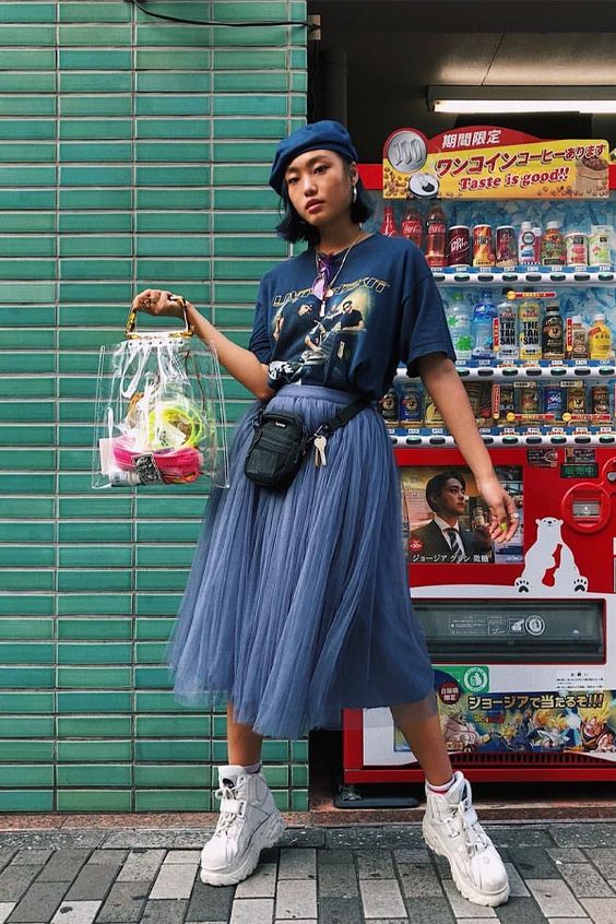 oversized graphic tees | midi skirt white tennis shoes beret see-through purse | Girlfriend is Better