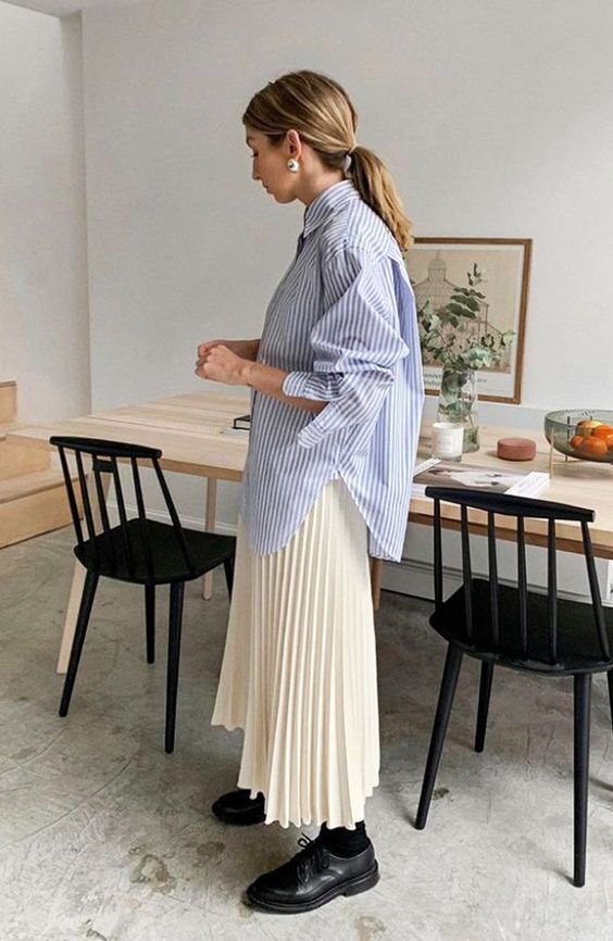 oversized menswear | striped chambray button up blouse pleated mid-length midi skirt work wear | Girlfriend is Better