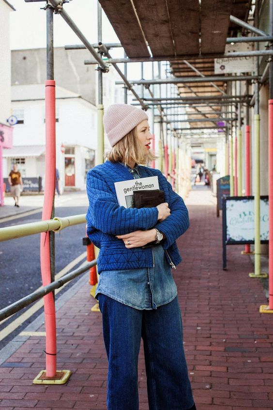 workman style | denim navy blue fisherman beanie cropped jacket chambray button up blouse wide-leg pants | Girlfriend is Better