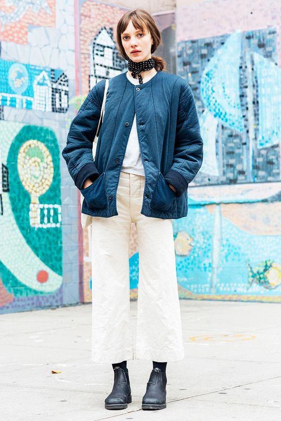 workman style | culotte wide-leg pants structured boxy jacket denim neck scarf | Girlfriend is Better