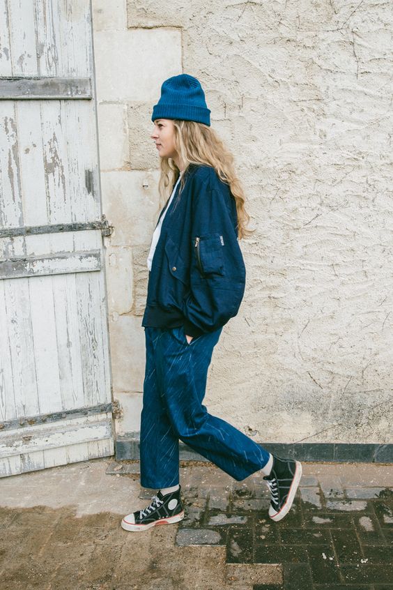 workman style | high-water jeans navy blue jacket beanie layering denim blue collar | Girlfriend is Better