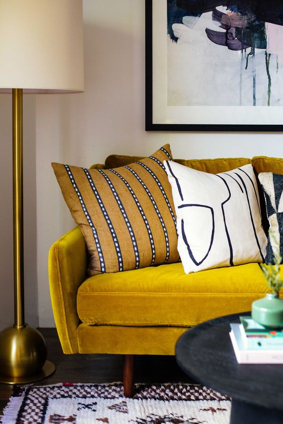 yellow home decor | gold velvet sofa mid-century modern office | Girlfriend is Better