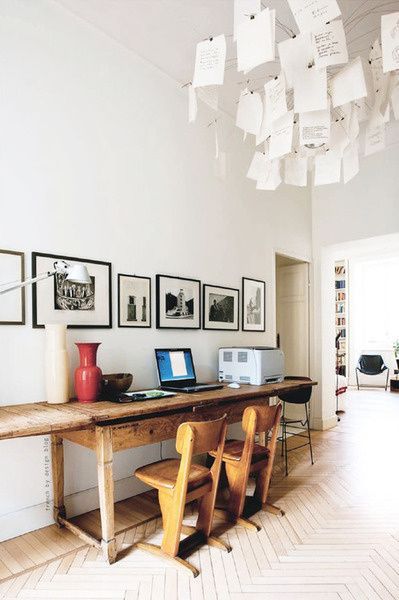 creative home office | vintage school chairs shared desk gallery wall | Girlfriend is Better