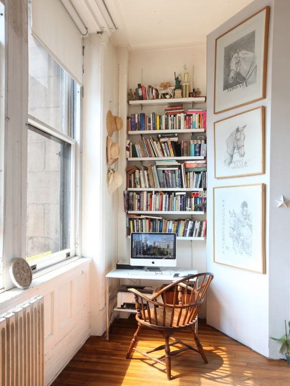 creative home office | open shelving sunny window nook small spaces apartment | Girlfriend is Better