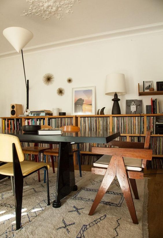 creative home office | dining room shared space library bookshelves record player vinyl collection | Girlfriend is Better