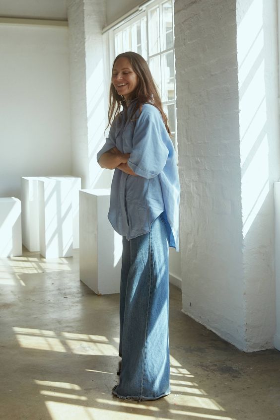 oversized menswear | chambray button up blouse Canadian tuxedo wide leg denim | Girlfriend is Better