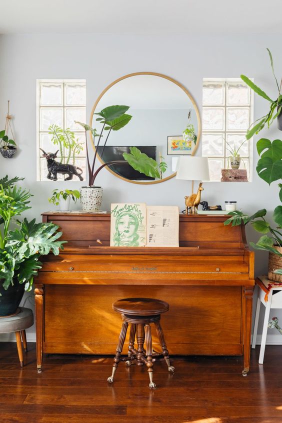 pianos | Bohemian round mirror plant lady vintage stool | Girlfriend is Better