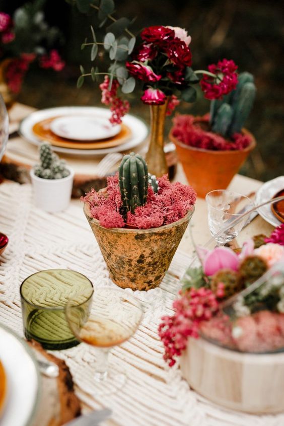 table settings Bohemian eclectic | cactus centerpiece colored glassware outdoor entertainment | Girlfriend is Better