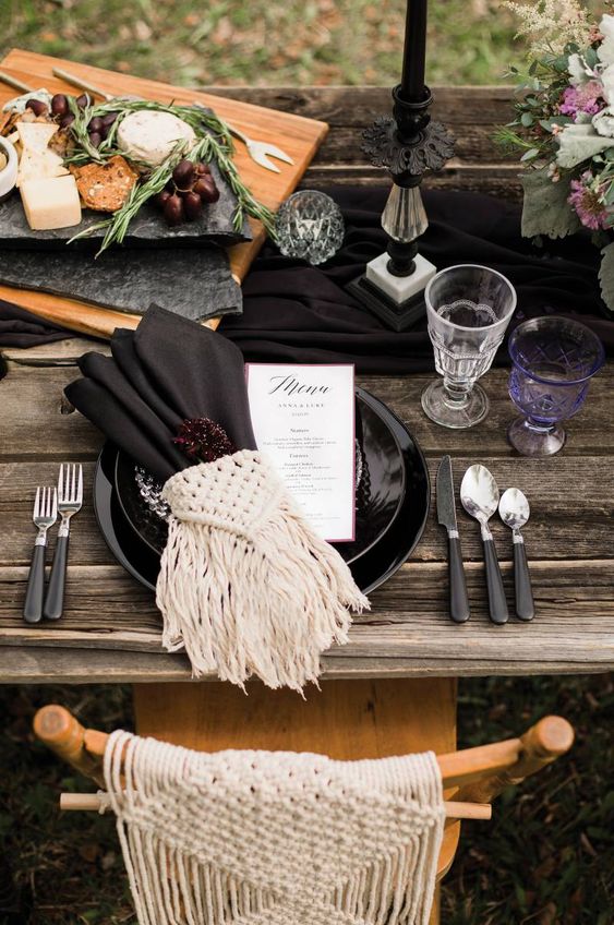 table settings bohemian eclectic | earth element macrame vintage glassware candlesticks | Girlfriend is Better