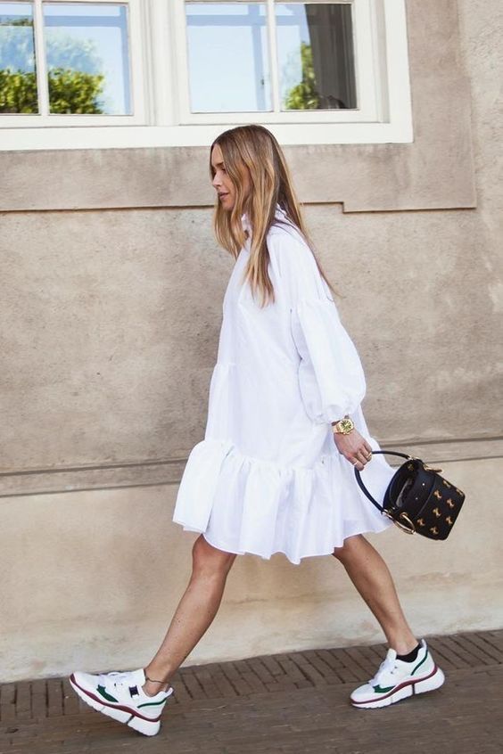 voluminous dresses | plain white cotton ruffles drop hem balloon sleeves top handle purse | Girlfriend is Better