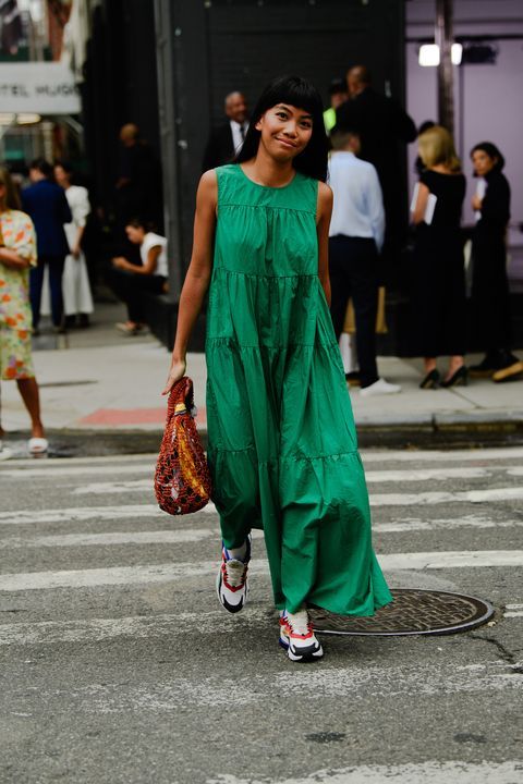 voluminous dresses | kelly green maxi muumuu sleeveless summer street style | Girlfriend is Better