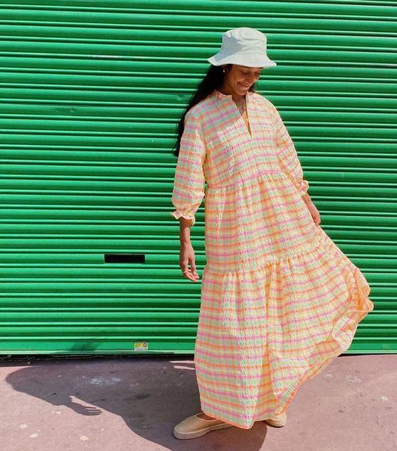 voluminous dresses | summer fashion plaid yellow tiered hem balloon sleeves bucket hat | Girlfriend is Better