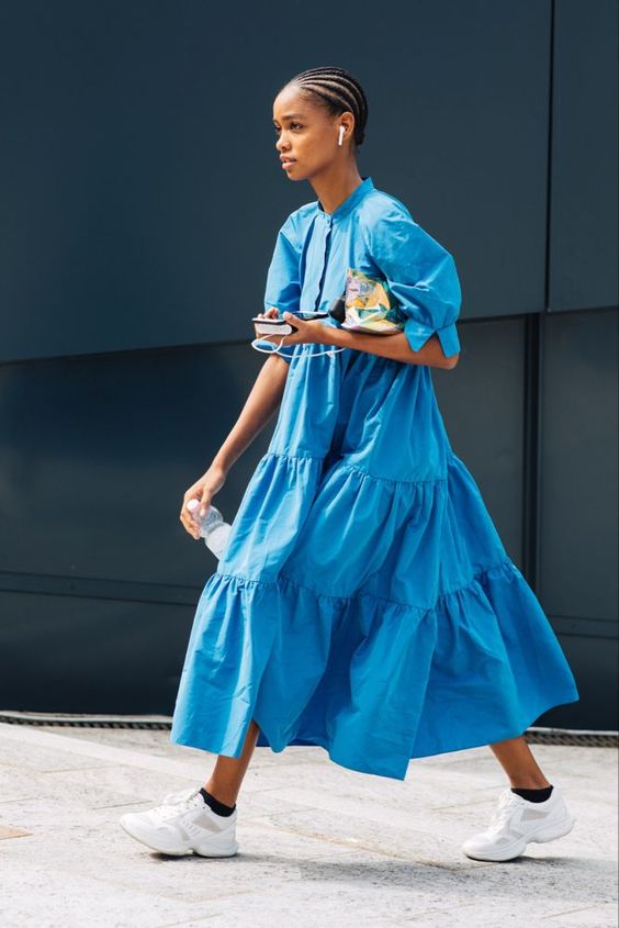 voluminous dresses | blue tiered hem puff shoulders short sleeve white tennis shoes street style | Girlfriend is Better