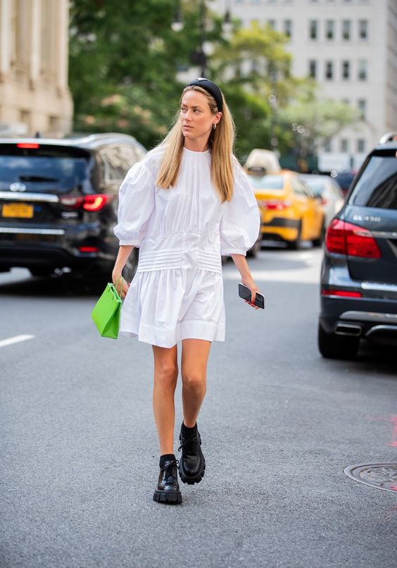 voluminous dresses | plain white drop waist puff balloon sleeves black boots thick soles street style | Girlfriend is Better