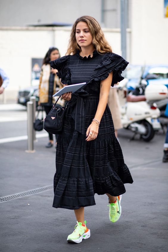 voluminous dresses | neon green tennis shoes black ruffles tiered hem ruffles summer fashion | Girlfriend is Better