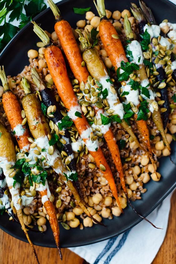 September seasonal vegetables | Roasted carrots farro chickpeas vegetarian recipe | Girlfriend is Better