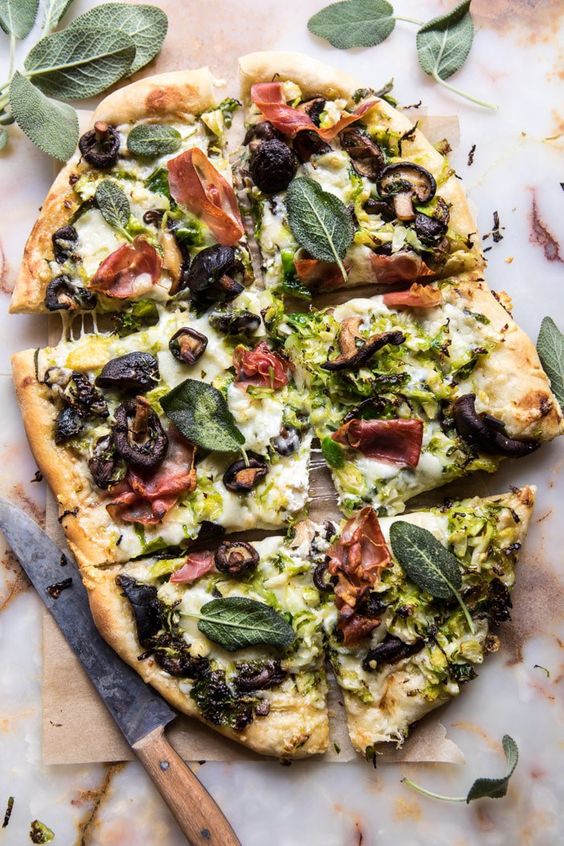 September seasonal vegetables | Brussels sprout mushroom pizza prosciutto sage recipe | Girlfriend is Better