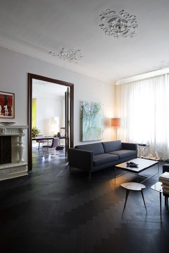 black floors | herringbone wood floors dark French country living room | Girlfriend is Better