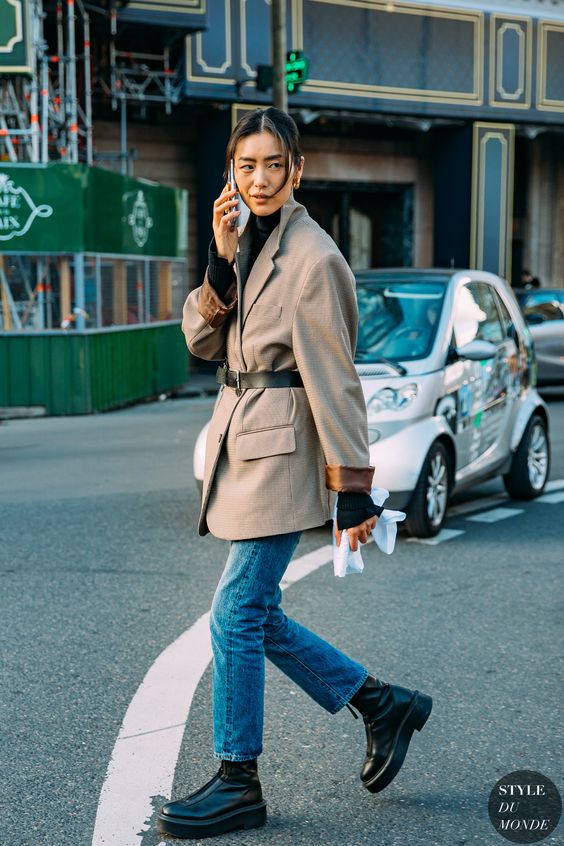 chunky black boots | 90s oversized belted blazer cropped denim turtleneck | Girlfriend is Better