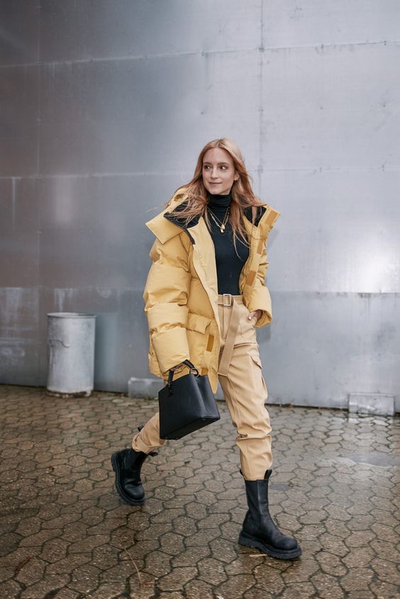 chunky black boots | military utilitarian cargo slacks oversized puffer coat turtleneck top handle purse | Girlfriend is Better