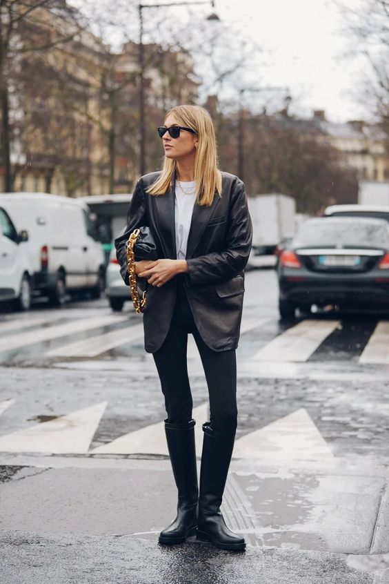 chunky black boots | moto rainboot knee-high oversized blazer street style | Girlfriend is Better