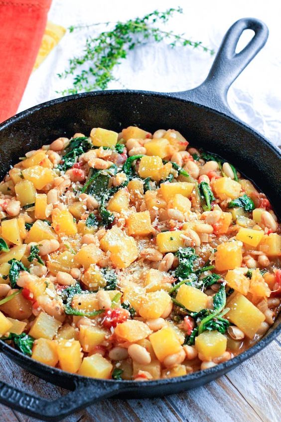 November seasonal vegetables | winter squash white bean spinach skillet recipe healthy | Girlfriend is Better