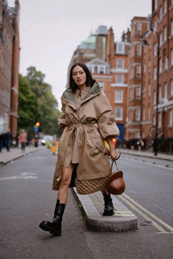 oversized trench coats | belted adjustable length hooded neutrals chunky black boots | Girlfriend is Better