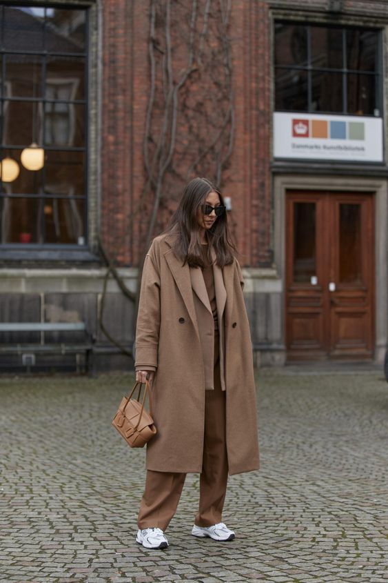 oversized trench coats | monochromatic double-breasted blazer menswear work wear tennis shoes | Girlfriend is Better