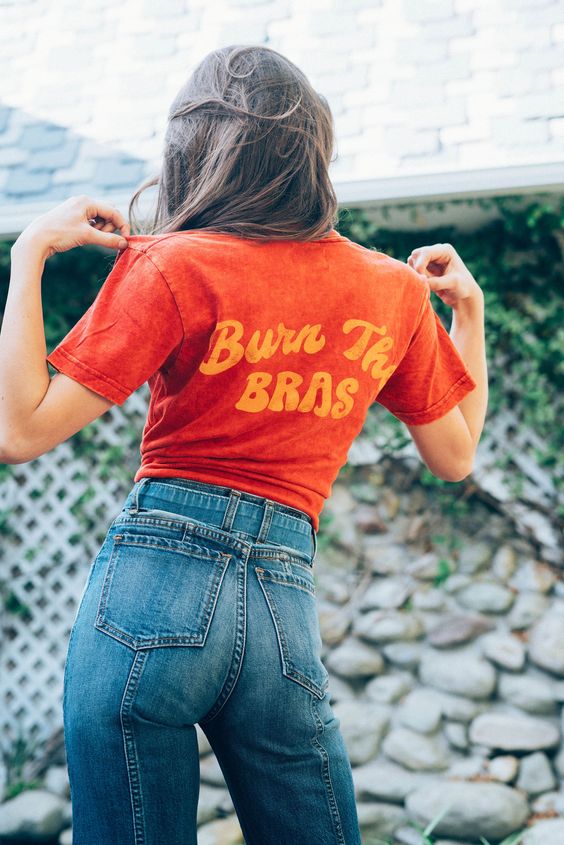 high-waisted jeans | 70s style inspiration Burn Bras tee | Girlfriend is Better