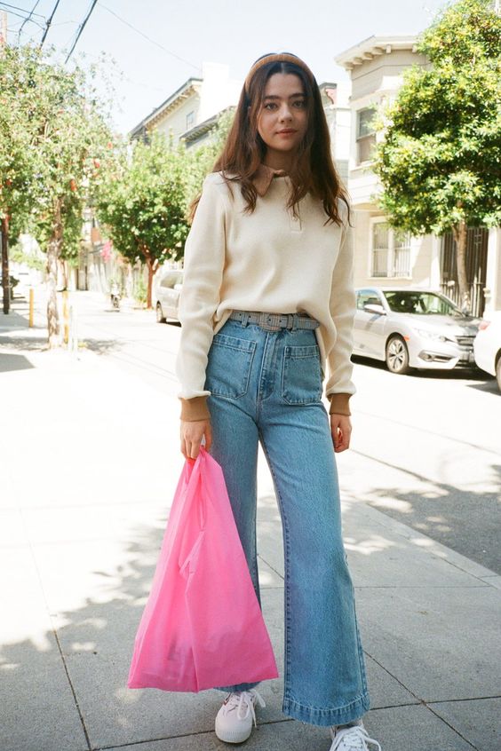 high-waisted jeans | flared leg vintage belt sweatshirt | Girlfriend is Better