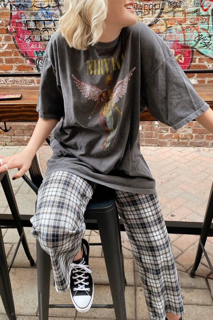 grunge plaid pants | pajama oversized graphic tee 90s Nirvana Converse | Girlfriend is Better