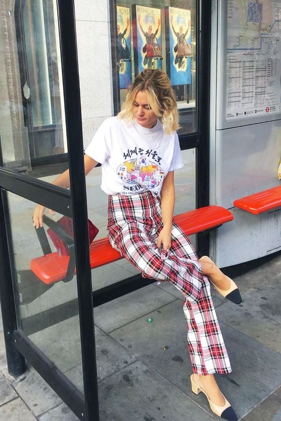 grunge plaid pants | office outfit graphic tee 90s summer | Girlfriend is Better