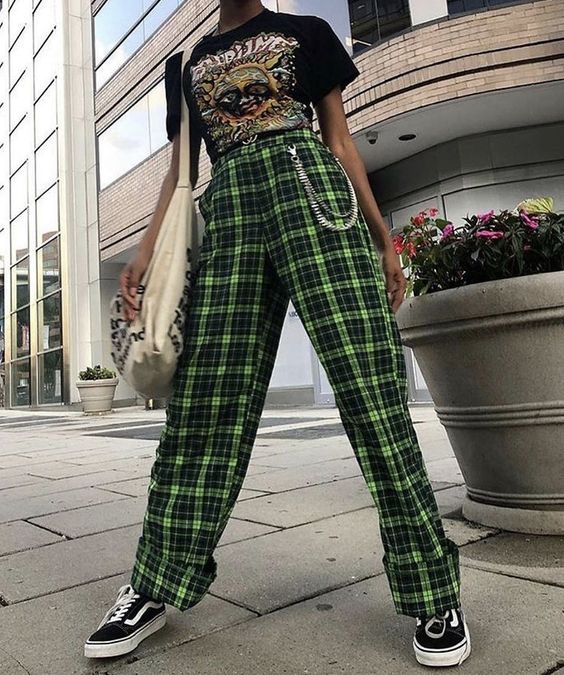 grunge plaid pants | wallet chain accessory cotton tote Vans shoes | Girlfriend is Better