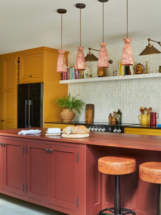 pendant lamps | Girlfriend is Better | kitchen island French country pink yellow