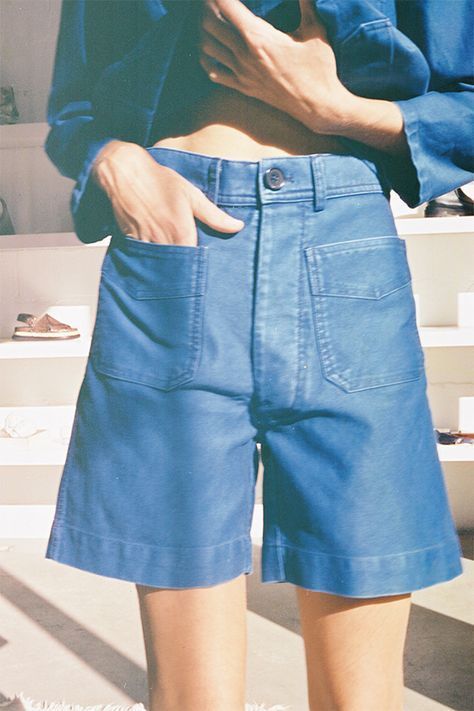 summer shorts | Girlfriend is Better | mid-thigh 70s denim front pockets minimal